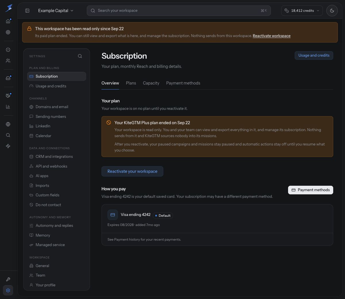 Subscription shows a plan-ended read-only workspace with retained records and paused work staying paused after reactivation.
