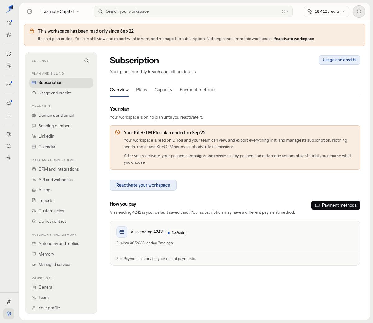 Subscription shows a plan-ended read-only workspace with retained records and paused work staying paused after reactivation.