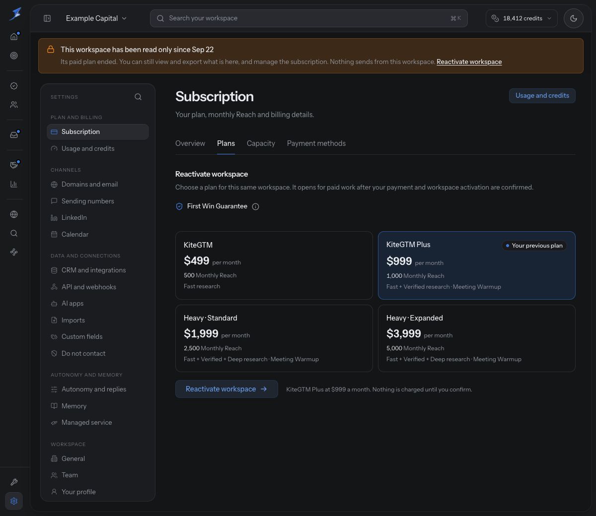 Reactivation plan choices require payment and workspace activation confirmation before paid work can reopen.