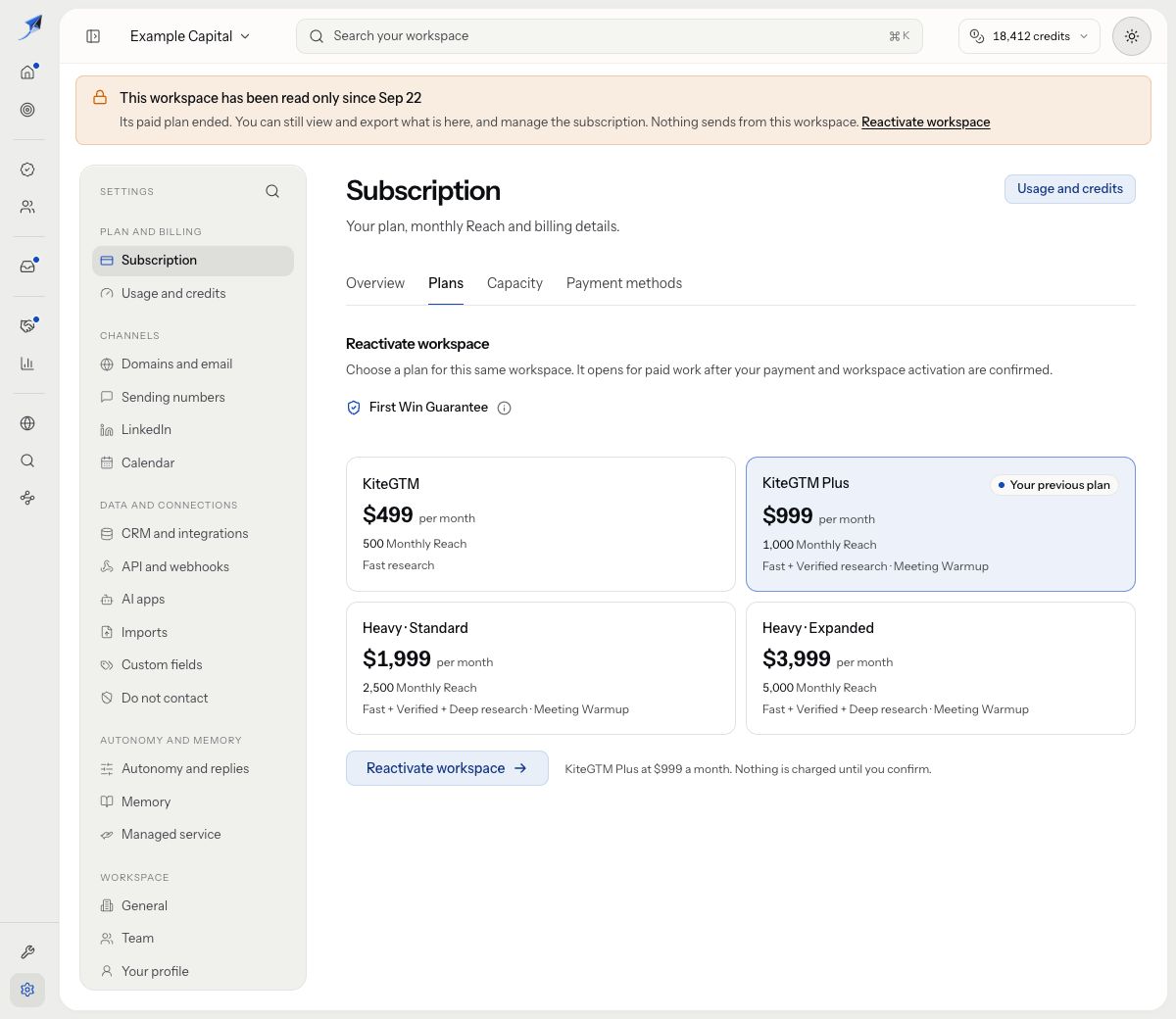 Reactivation plan choices require payment and workspace activation confirmation before paid work can reopen.