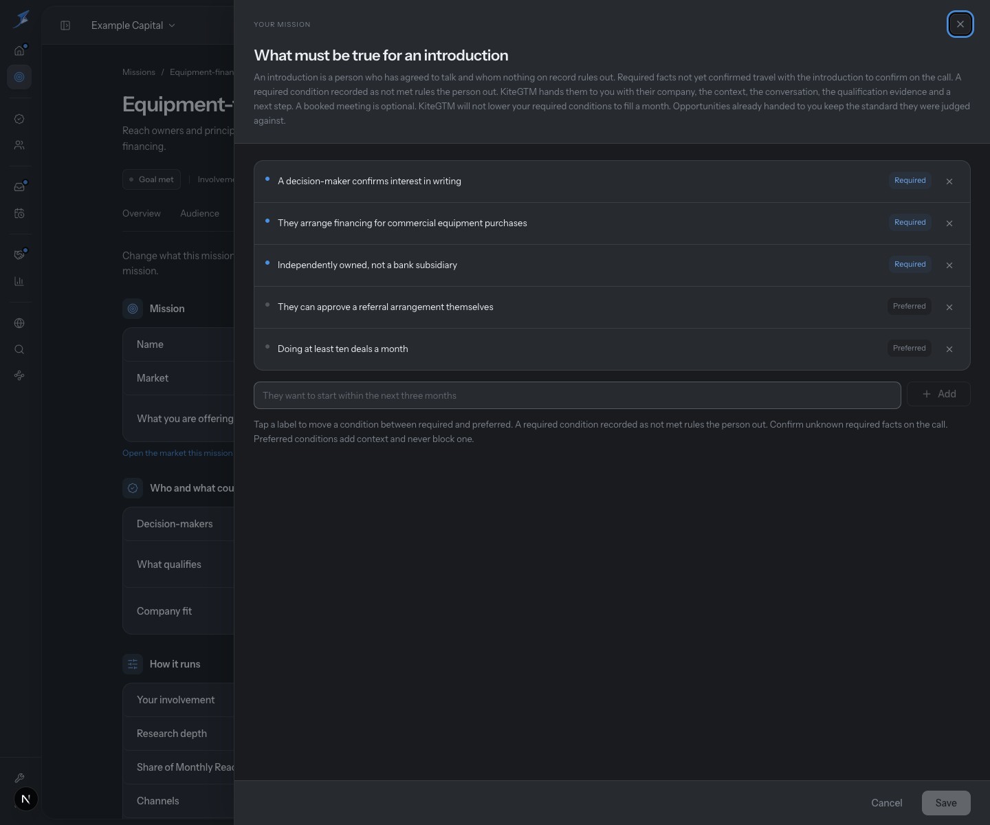 The saved-standard editor shows Required and Preferred conditions before an edit.