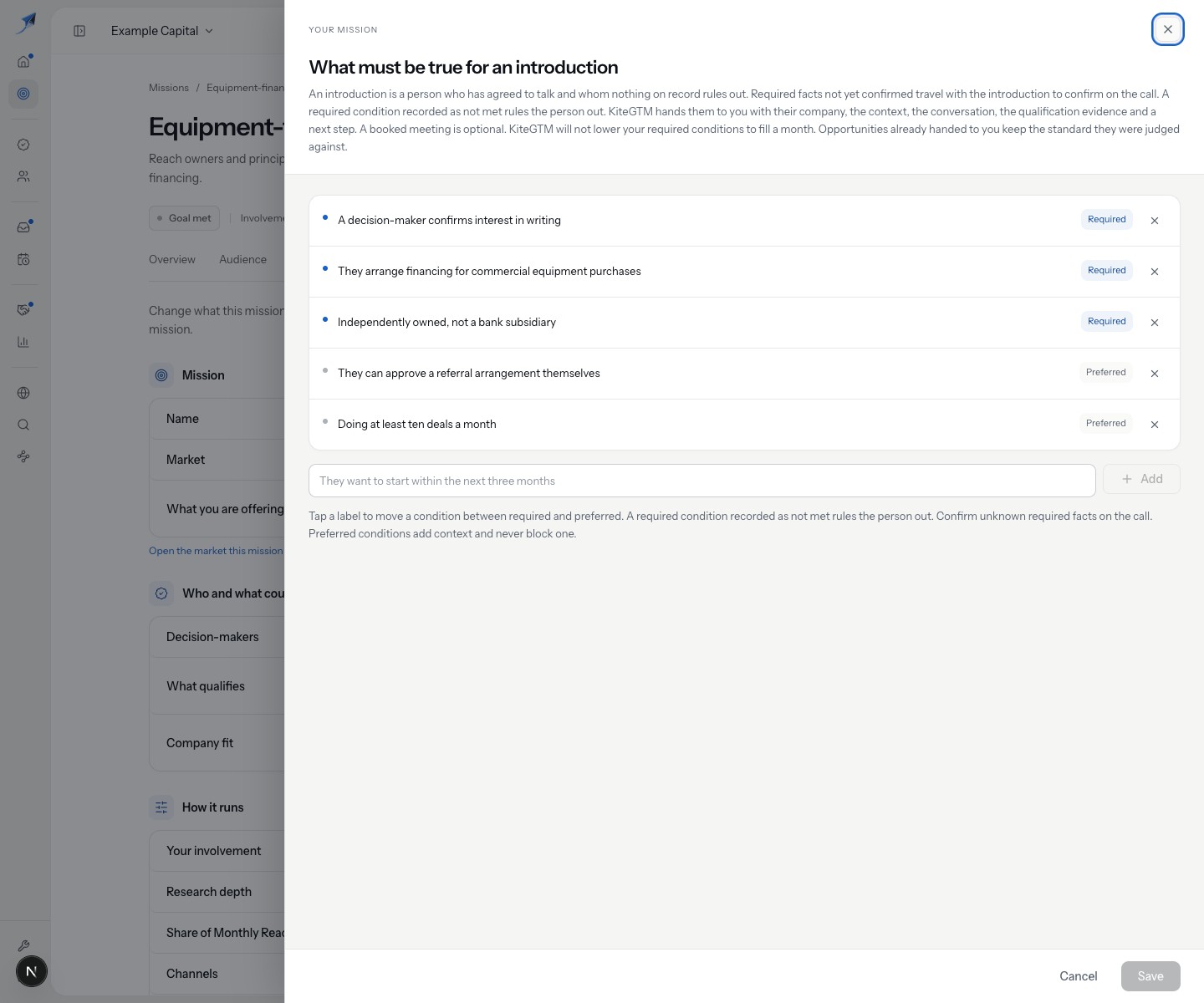 The saved-standard editor shows Required and Preferred conditions before an edit.