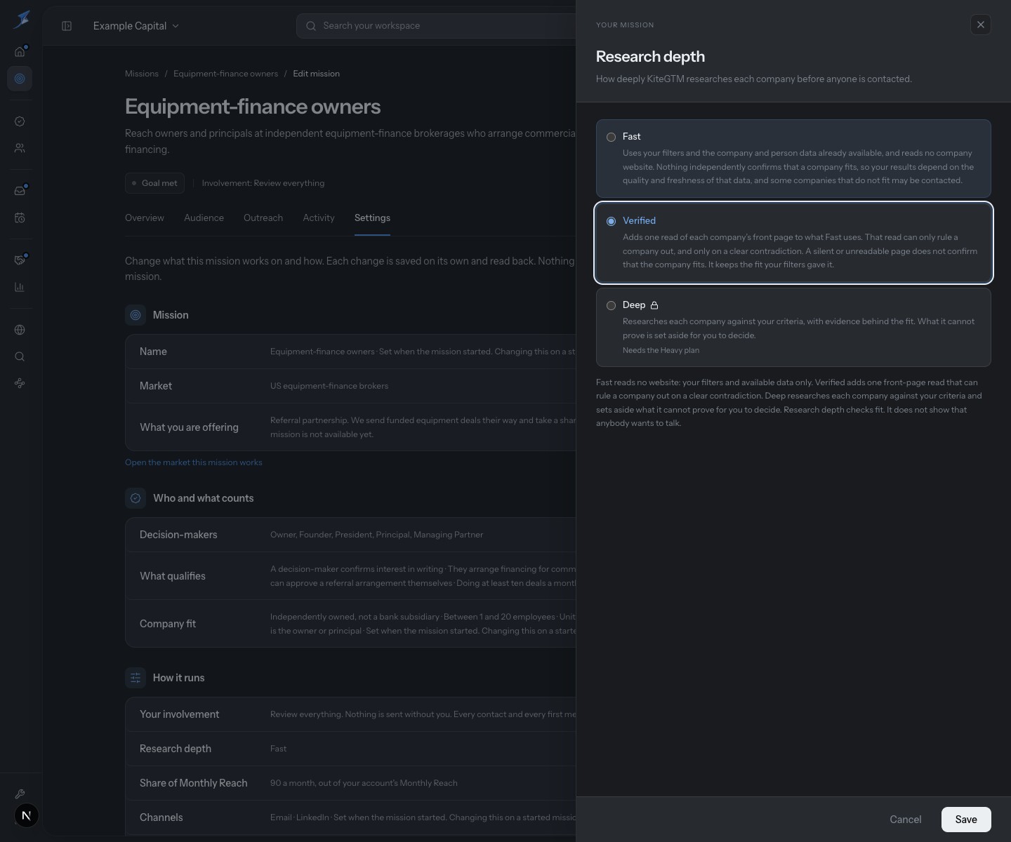 Verified is staged for a completed Fast mission. Save is enabled and unpressed; no continuation notice is shown in this demo.