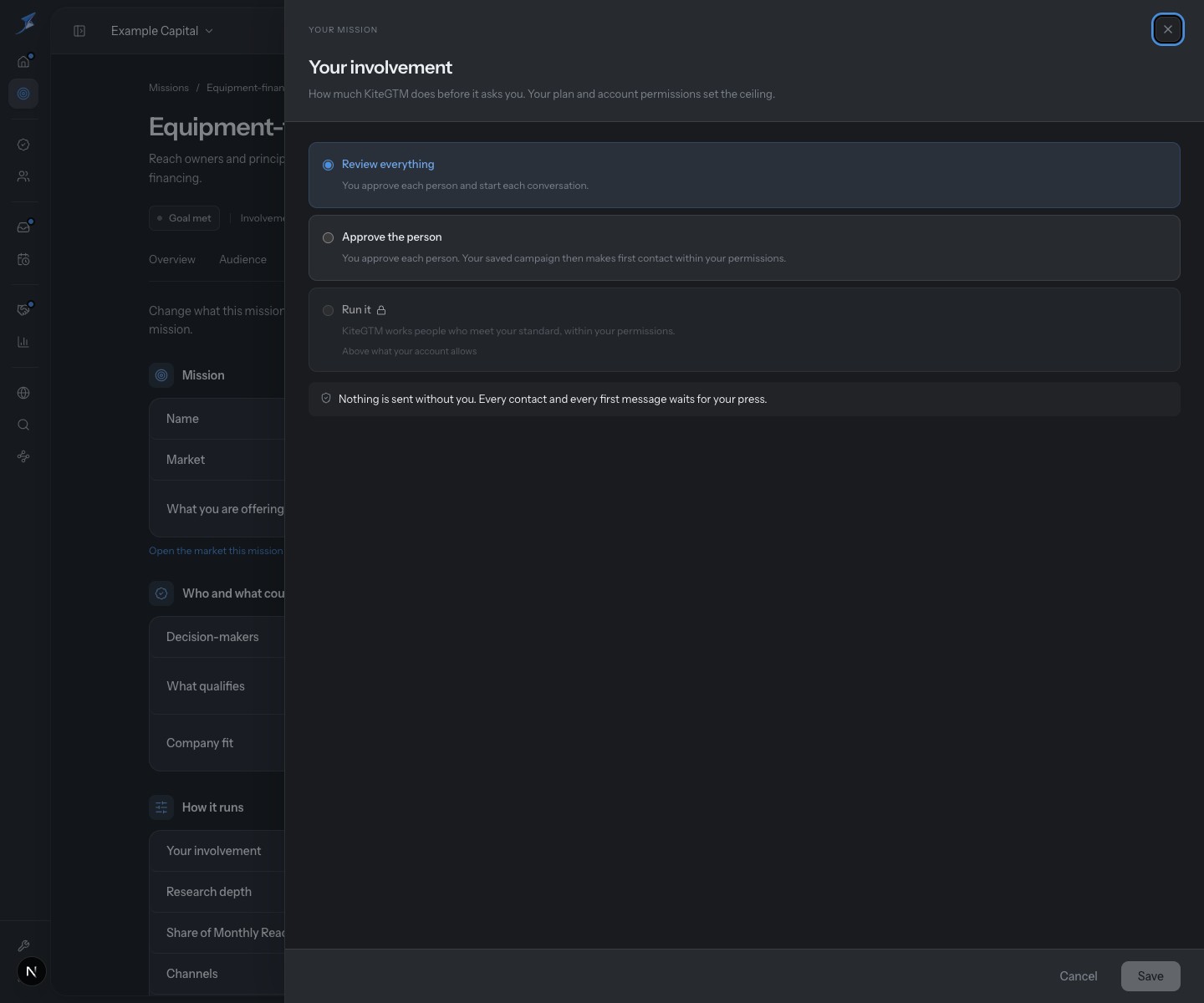 Run it is unavailable under this account permission ceiling; the existing Review everything choice remains selected.
