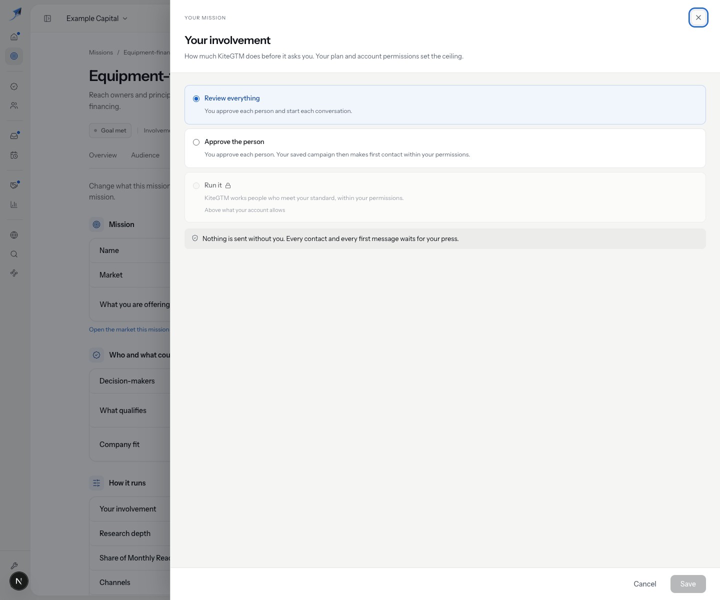 Run it is unavailable under this account permission ceiling; the existing Review everything choice remains selected.