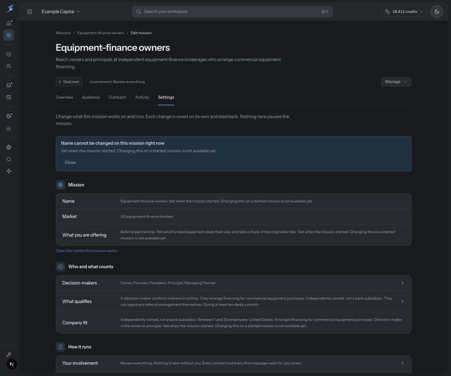 The started mission shows a locked Name row and explains that its name cannot be changed now.