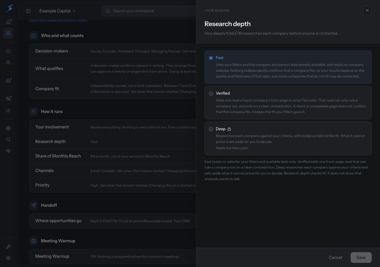 Research depth panel explains Fast, Verified and Deep and shows the account plan constraint.