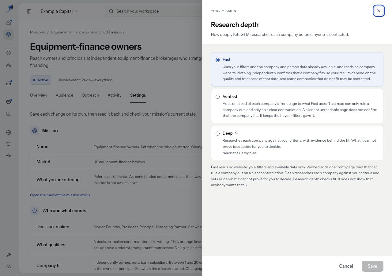 Research depth panel explains Fast, Verified and Deep and shows the account plan constraint.