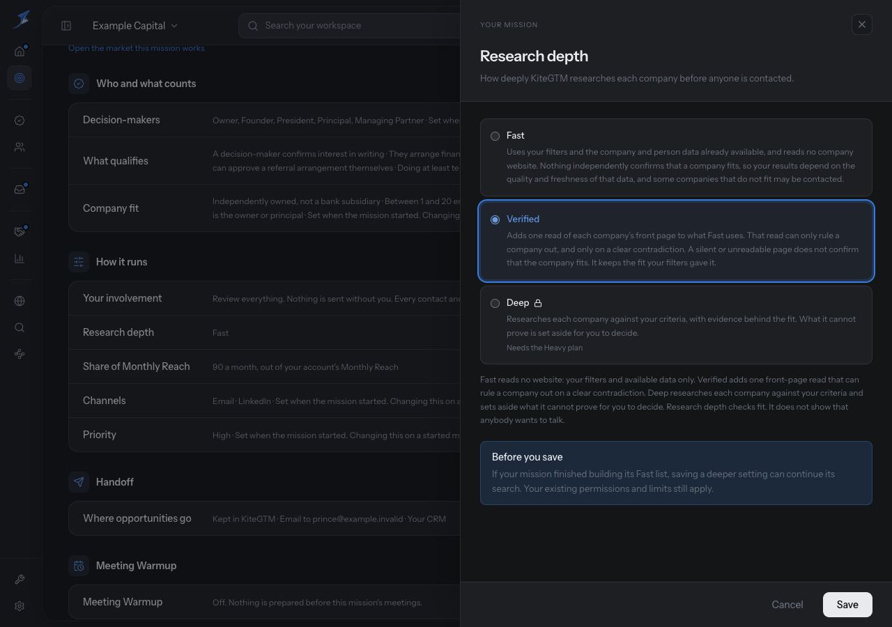 Verified is selected and the warning says deeper research can continue a completed Fast search.