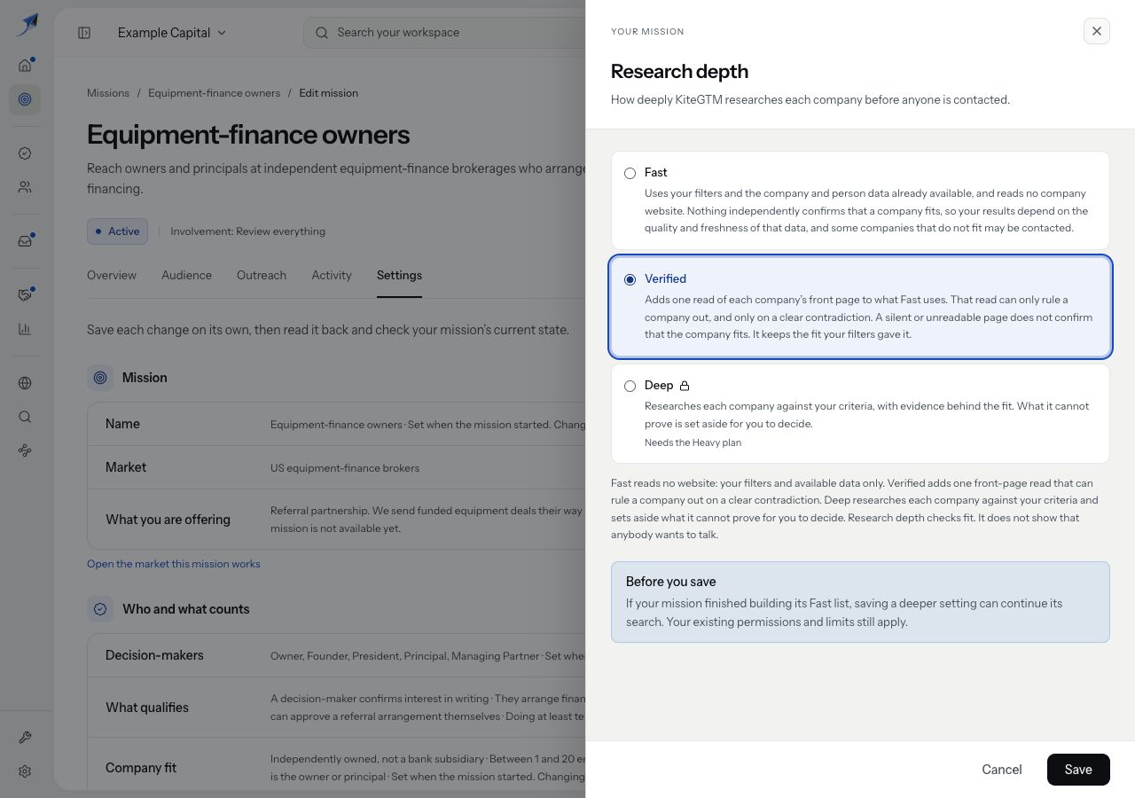 Verified is selected and the warning says deeper research can continue a completed Fast search.