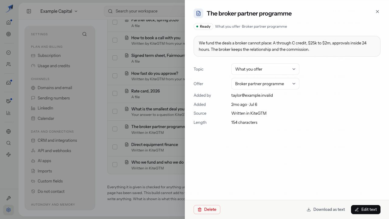 An open Memory document shows its title and current text, with Download as text separate from Edit text and Delete.