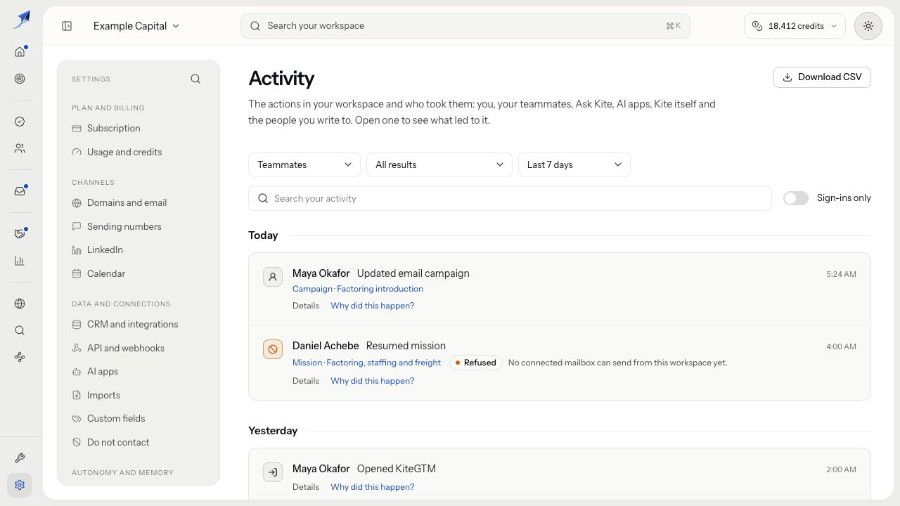 Activity with Teammates selected shows teammate actions while Download CSV remains available.