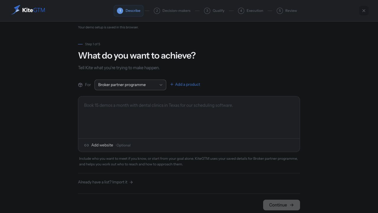 The first mission step asks what you want to achieve and which offer the mission is for.