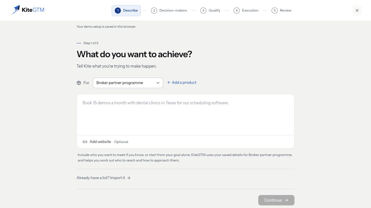 The first mission step asks what you want to achieve and which offer the mission is for.
