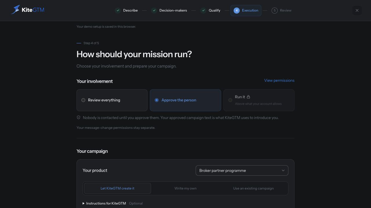 Execution step with involvement choices and campaign preparation routes.