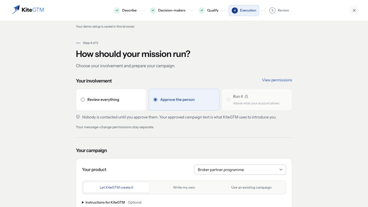 Execution step with involvement choices and campaign preparation routes.