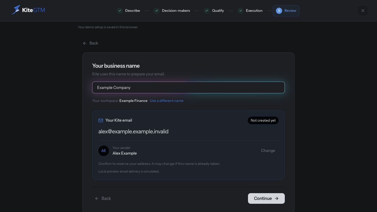 Review asks for the business and sending identity before creating a Kite email.