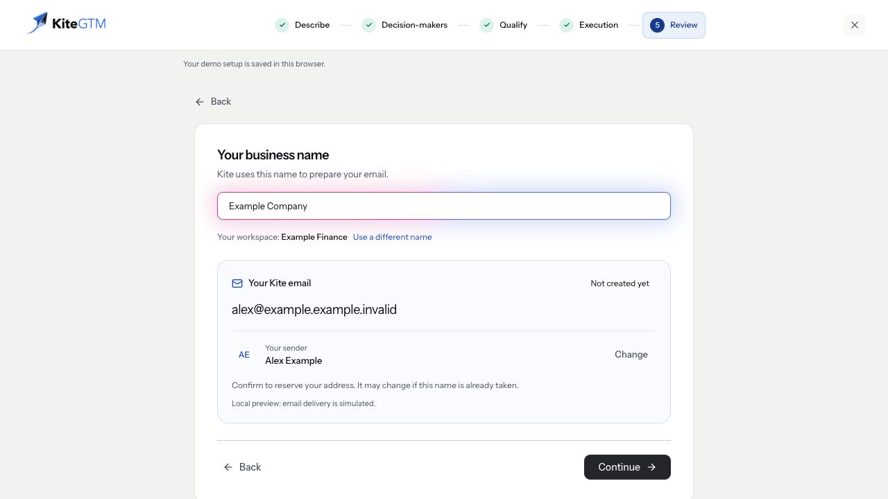 Review asks for the business and sending identity before creating a Kite email.