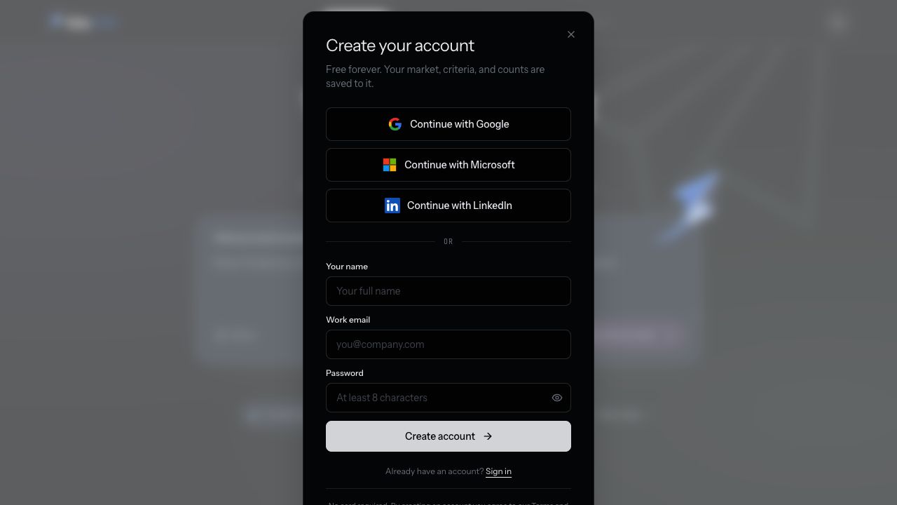 Empty account creation form with Google, Microsoft, LinkedIn and email choices.