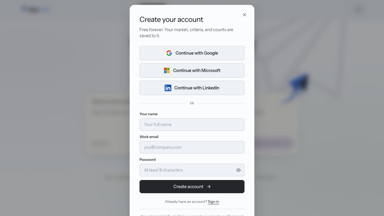 Empty account creation form with Google, Microsoft, LinkedIn and email choices.