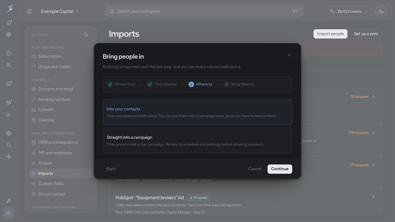 Where to has Into your contacts selected and a separate campaign enrollment option with schedule and settings guidance.