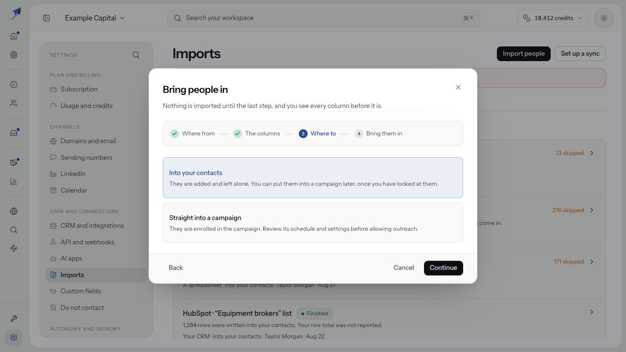 Where to has Into your contacts selected and a separate campaign enrollment option with schedule and settings guidance.