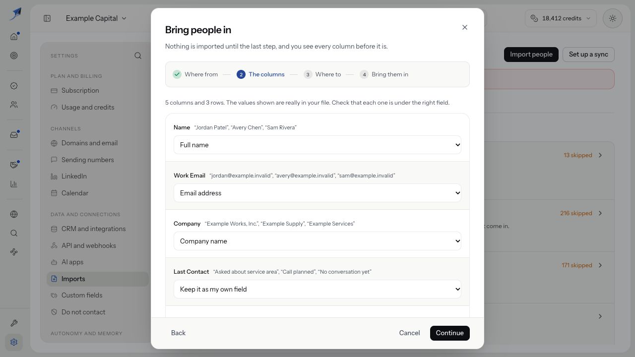 The column mapping sends Name to Full name, Work Email to Email address, Company to Company name and Last Contact to an own field.