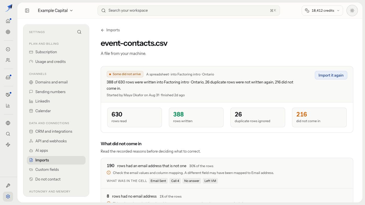 A separate prior campaign import shows 630 rows read, 388 written, 26 duplicate rows ignored and 216 that did not come in.