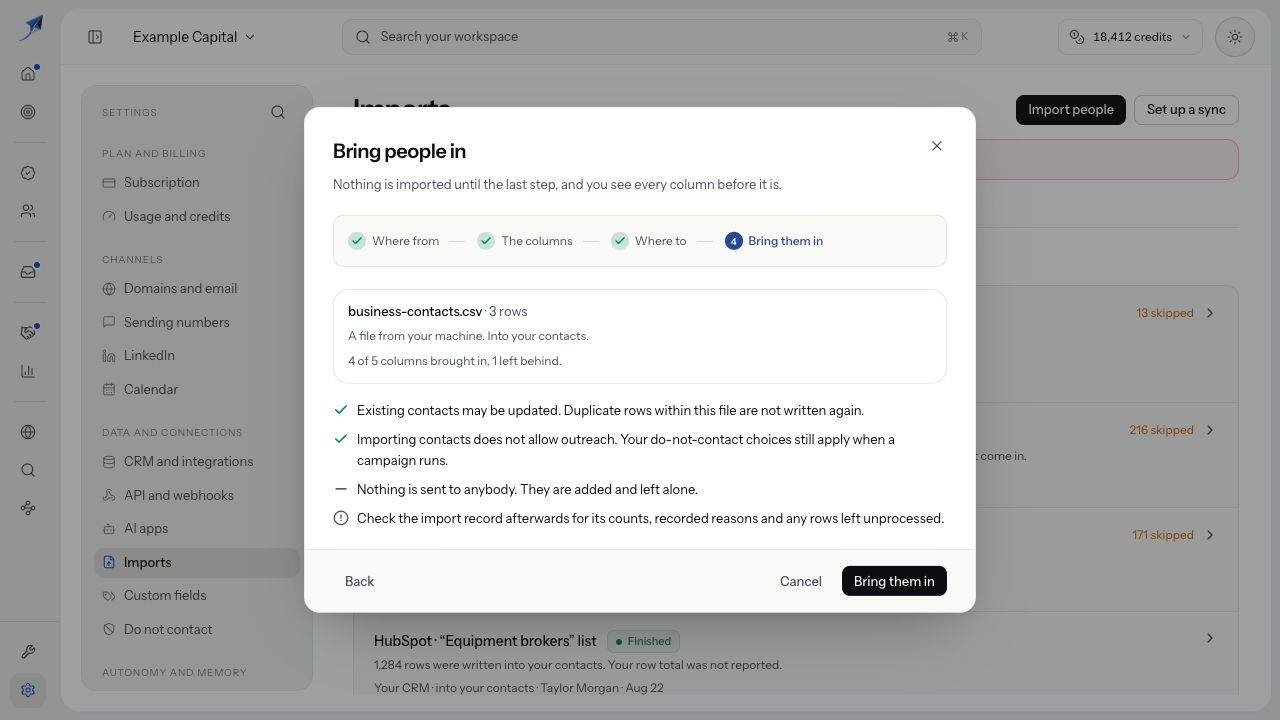 Bring them in review shows business-contacts.csv, three rows, four retained columns and one omitted column, with Back and Cancel controls.