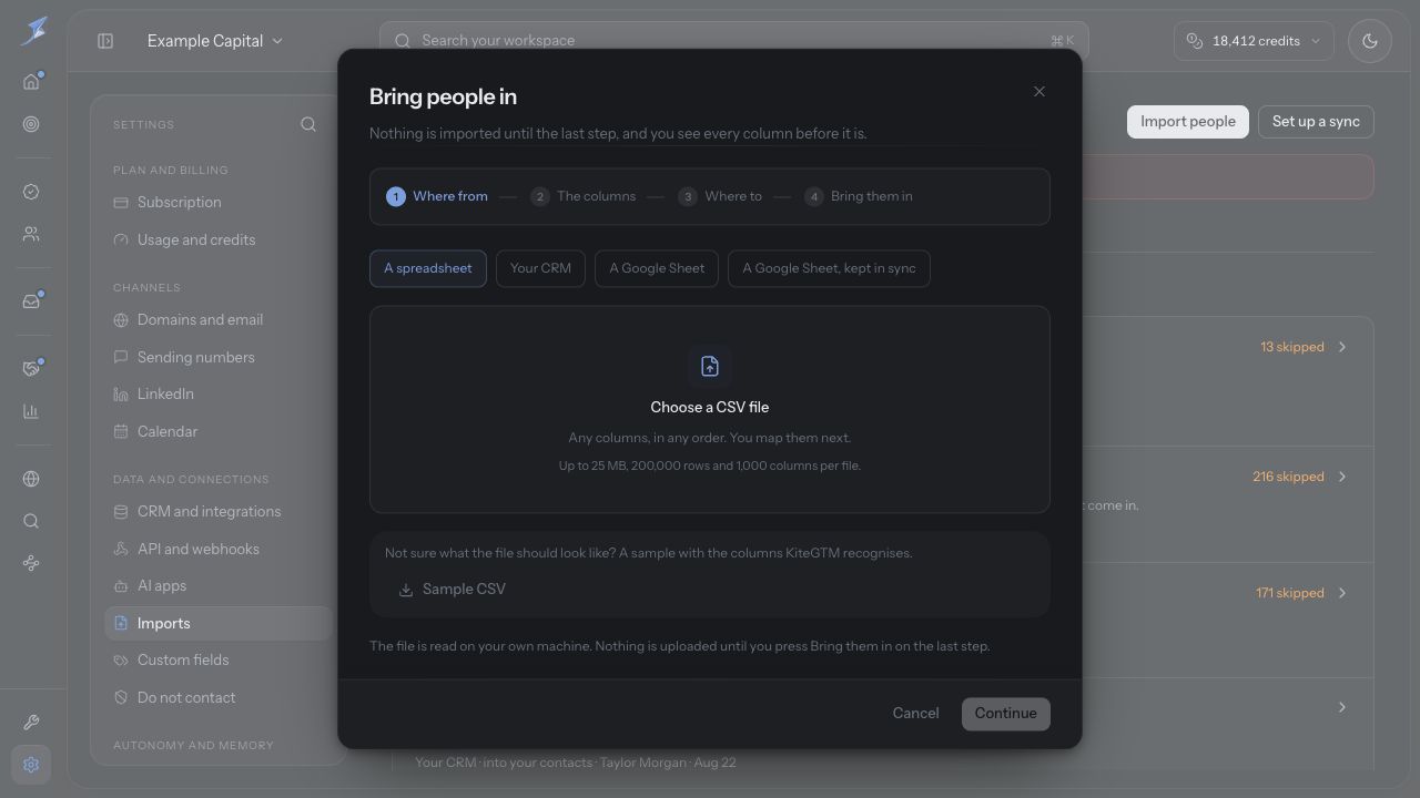 Bring people in shows the spreadsheet source, Choose a CSV file and the picker limits before any file is selected.