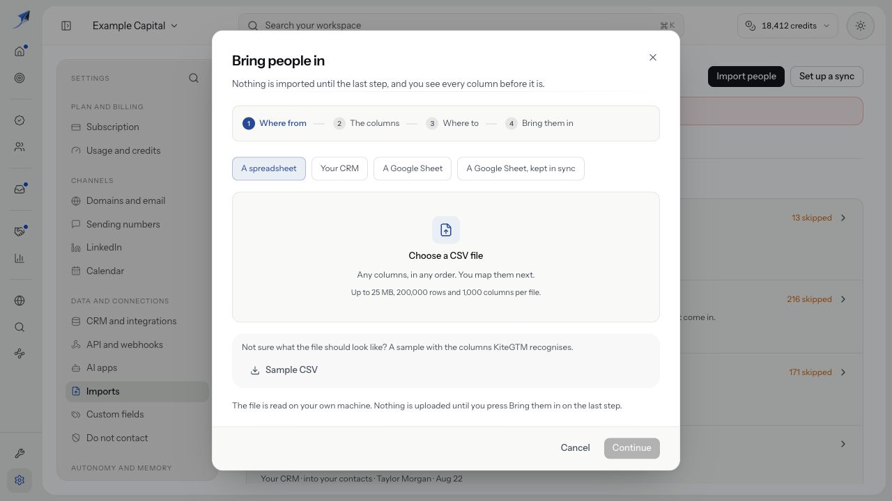 Bring people in shows the spreadsheet source, Choose a CSV file and the picker limits before any file is selected.