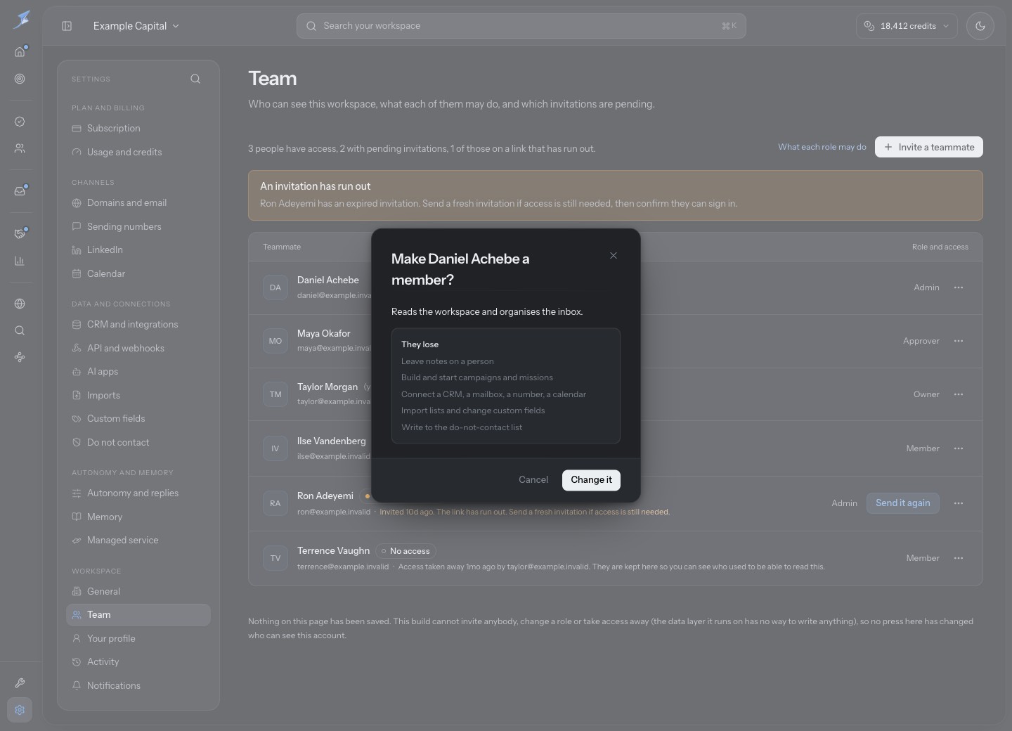 Admin-to-Member confirmation lists the five capabilities lost, retaining reading and inbox organisation.