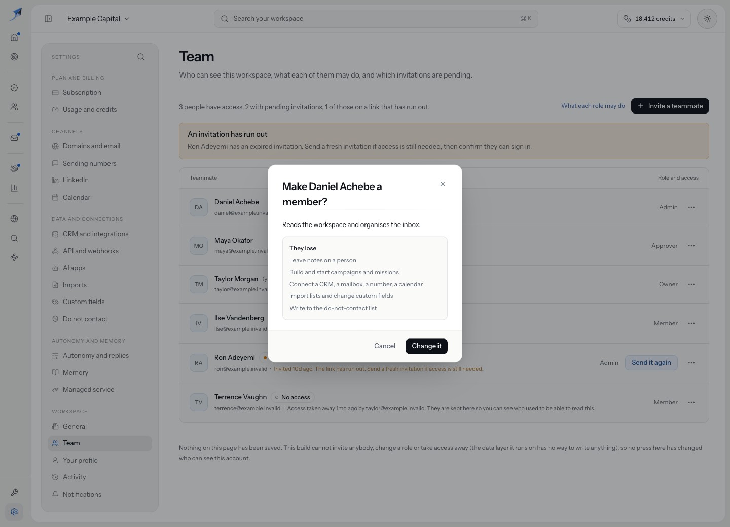 Admin-to-Member confirmation lists the five capabilities lost, retaining reading and inbox organisation.