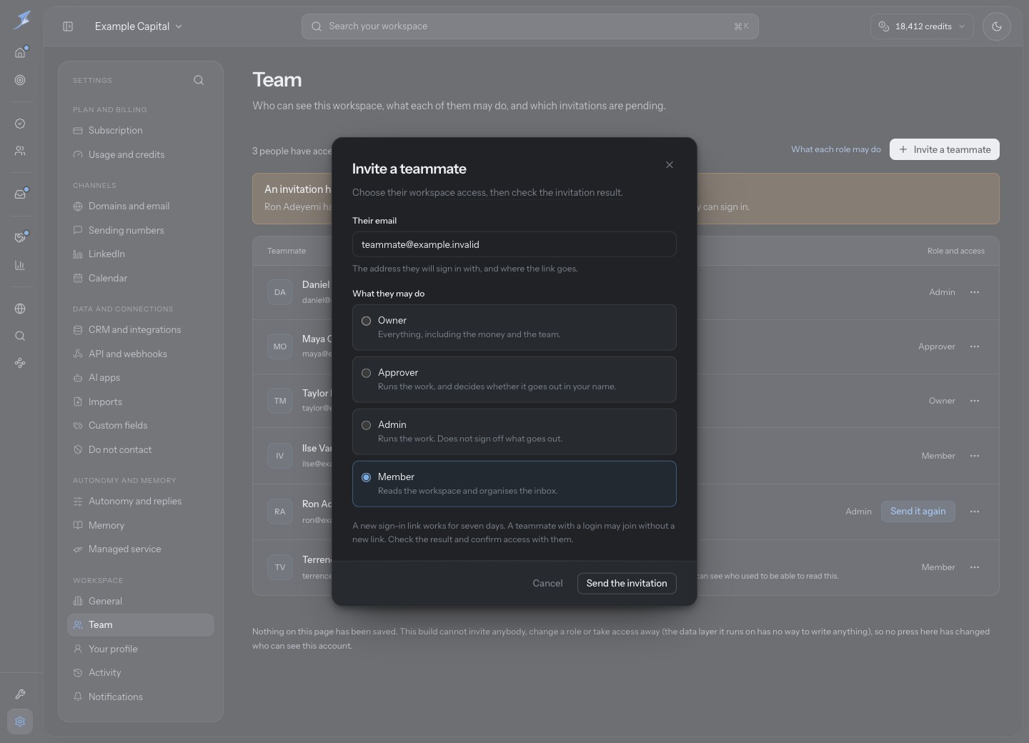 Invitation form shows the intended email and selected Member role with a delivery-result reminder.