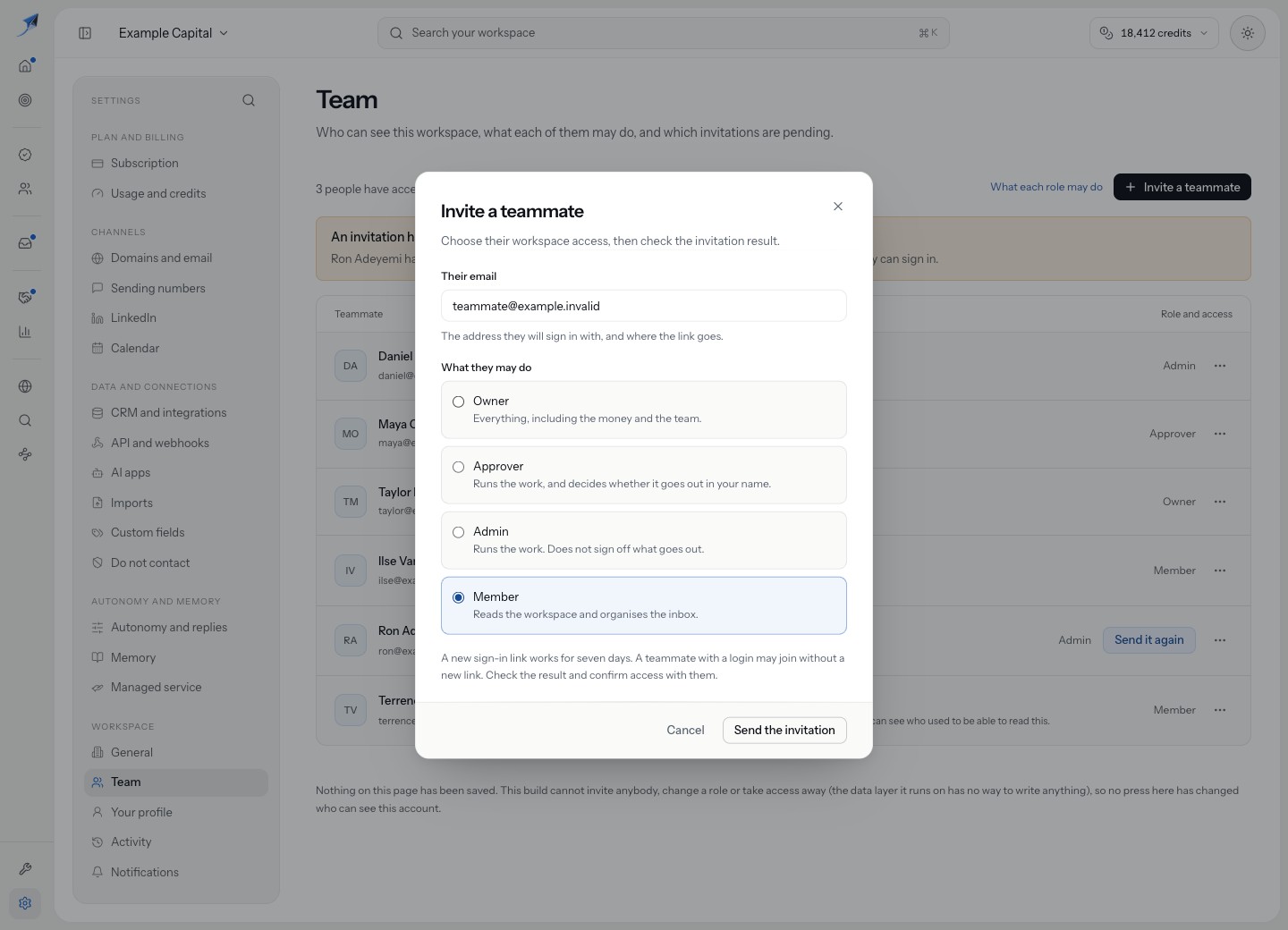 Invitation form shows the intended email and selected Member role with a delivery-result reminder.