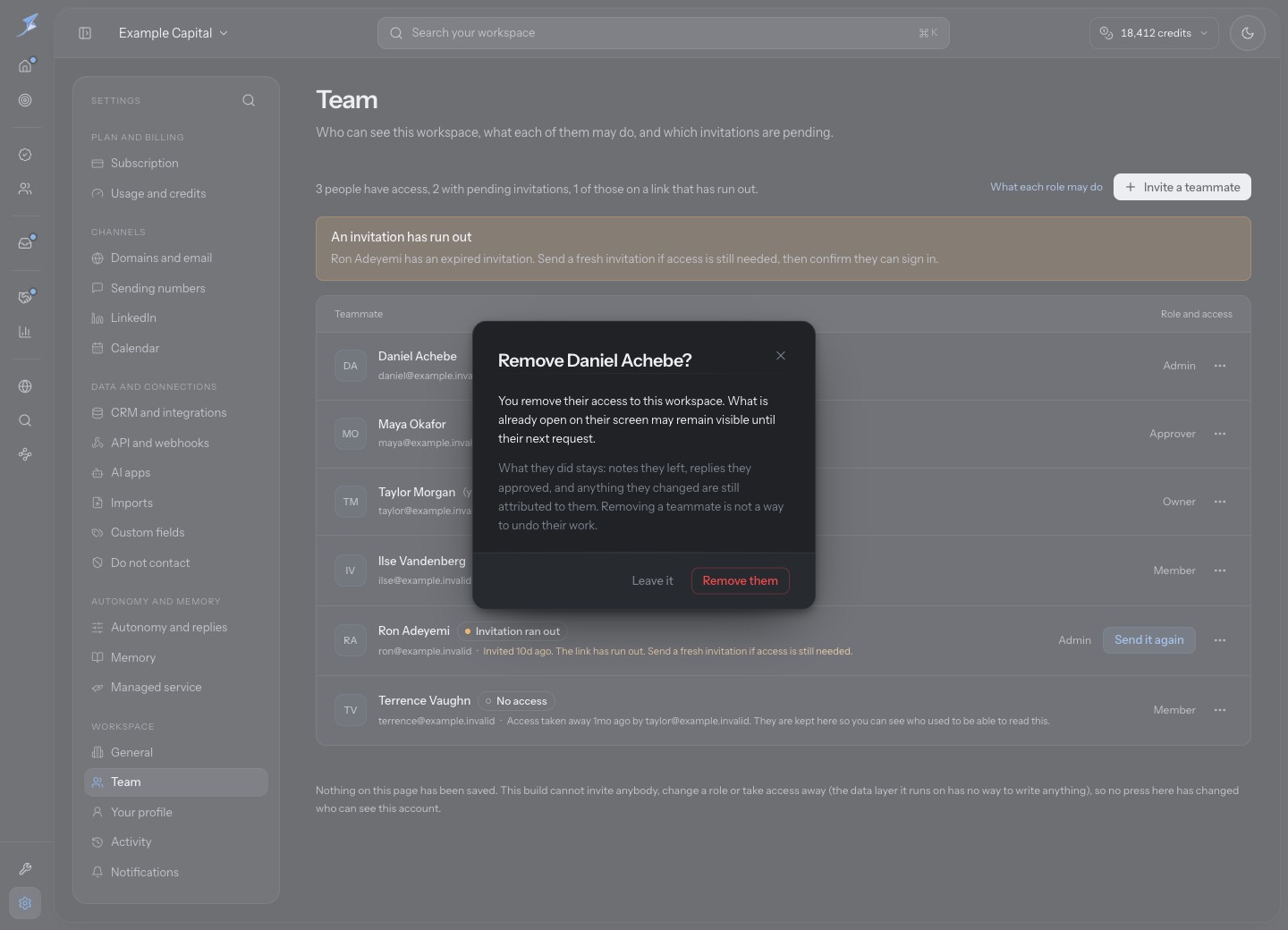 Removal confirmation preserves recorded work and distinguishes workspace access from an already open screen.