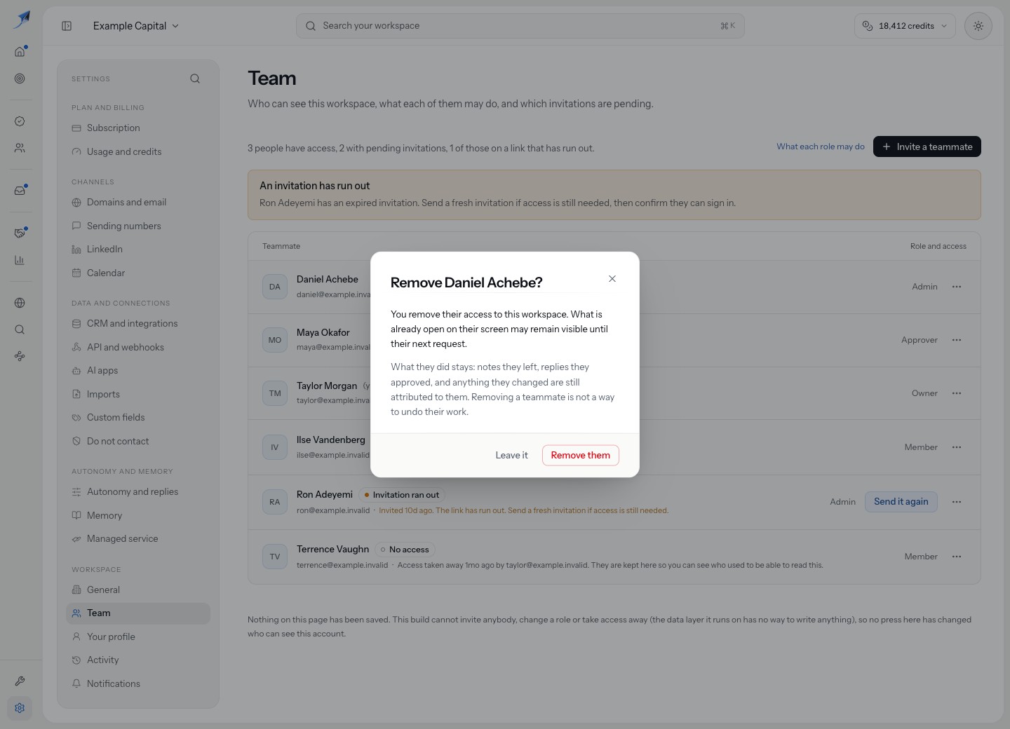 Removal confirmation preserves recorded work and distinguishes workspace access from an already open screen.