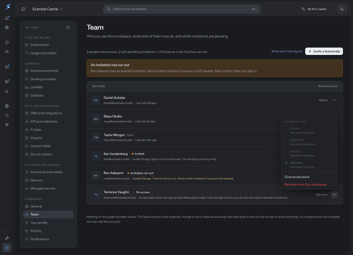 Removed Member menu offers Give access back with role changes disabled until access is restored.