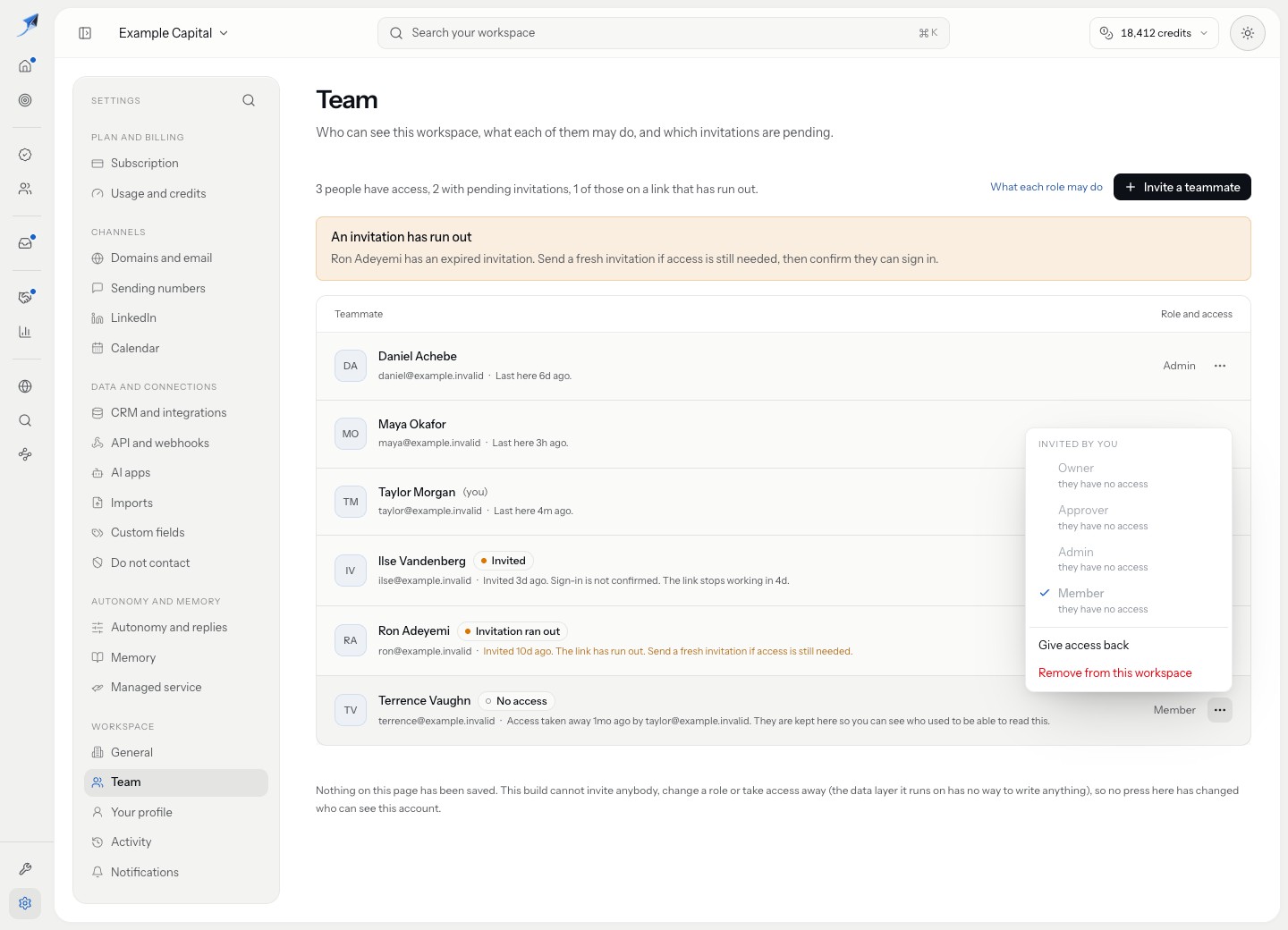 Removed Member menu offers Give access back with role changes disabled until access is restored.