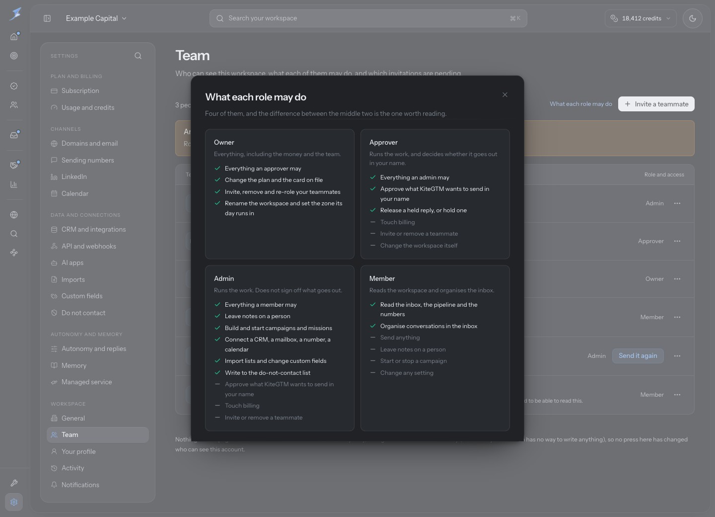 Role reference includes Member inbox organisation, Admin notes and separate approval and billing powers.