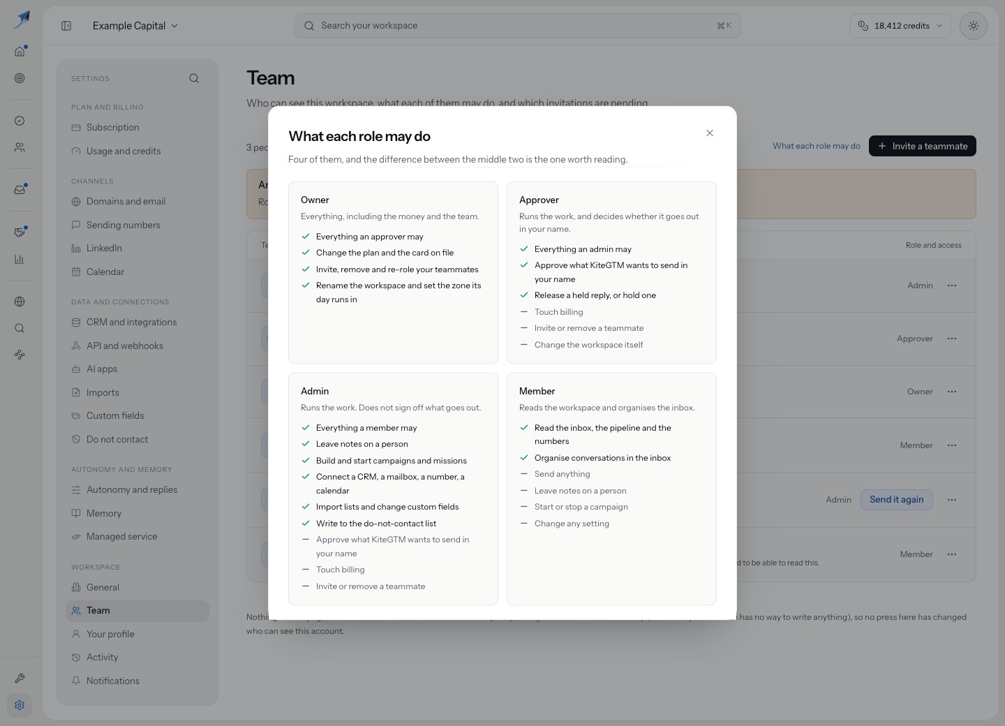 Role reference includes Member inbox organisation, Admin notes and separate approval and billing powers.