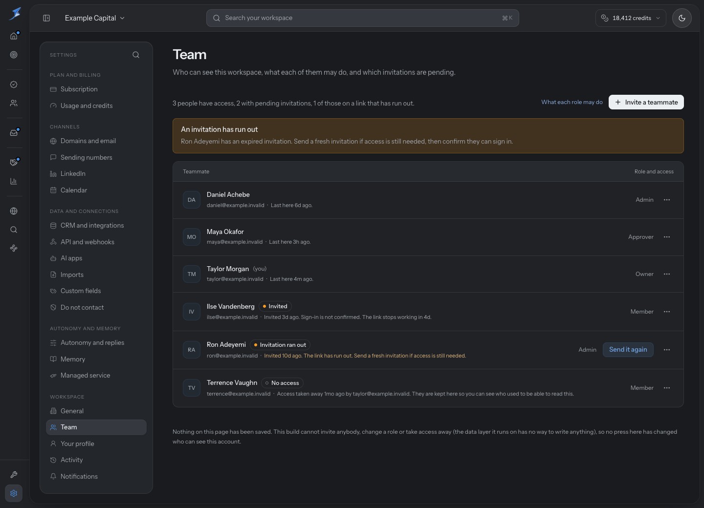 Team lists roles, pending invitations, recorded expiry and removed workspace access.