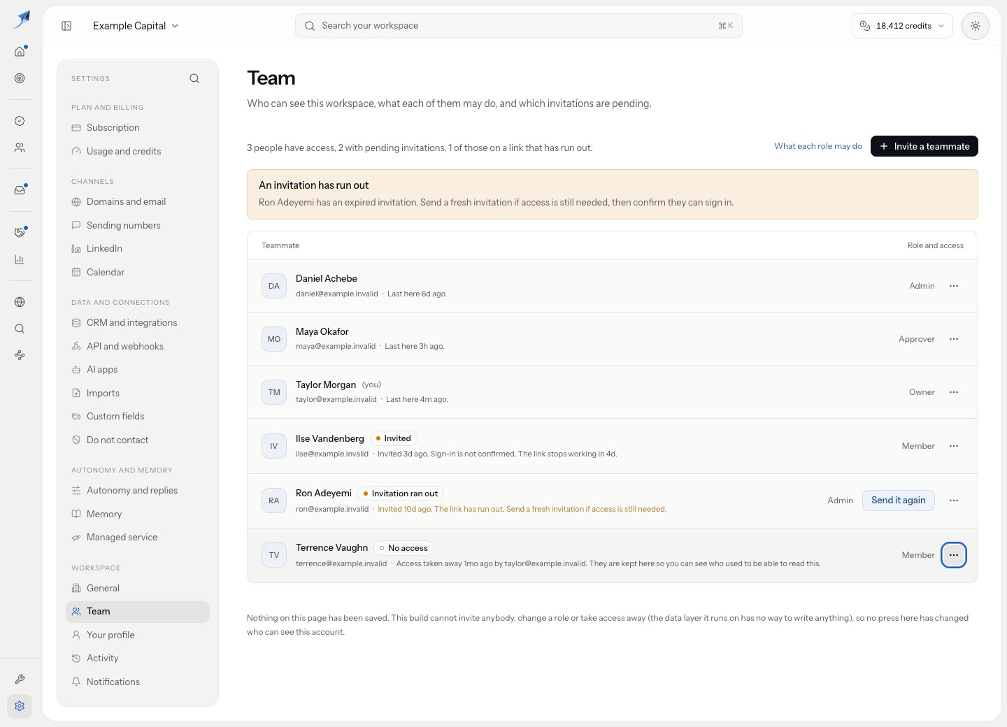 Team lists roles, pending invitations, recorded expiry and removed workspace access.