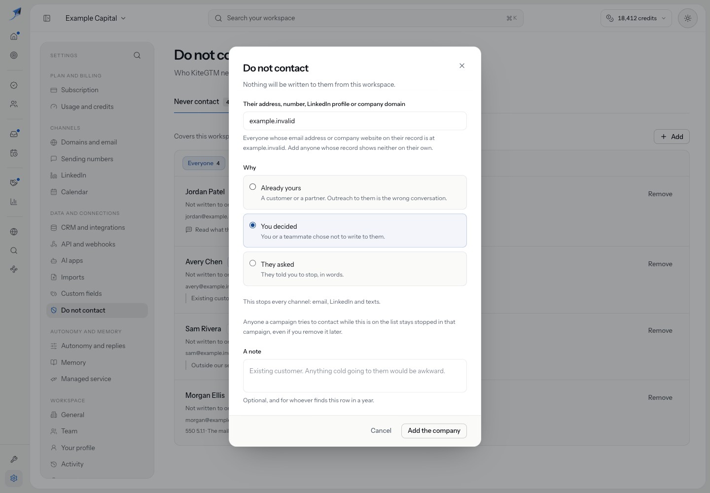 The Do not contact form recognises example.invalid as a company, explains recorded email and website matching, and offers Add the company; nothing has been saved.