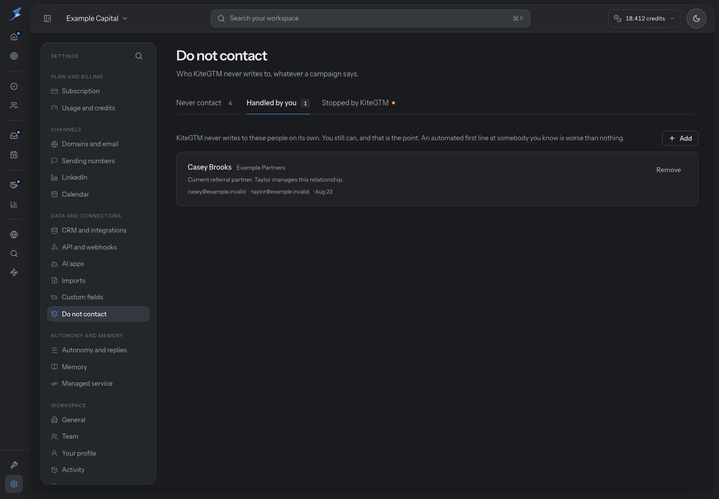Handled by you shows Casey Brooks and the referral-partner explanation. The guide keeps contact preferences separate from this relationship choice.