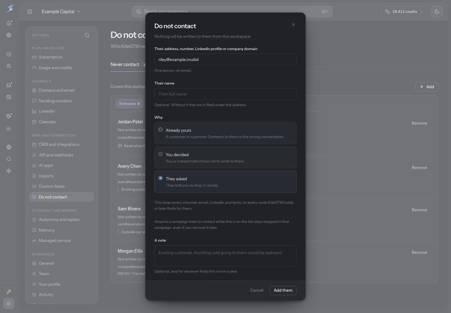 The Do not contact form contains riley@example.invalid, They asked, A note and known-identity all-channel guidance; Add them is available and has not been pressed.