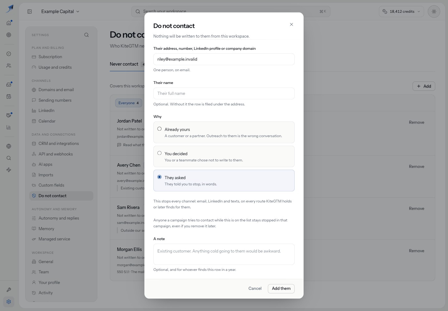 The Do not contact form contains riley@example.invalid, They asked, A note and known-identity all-channel guidance; Add them is available and has not been pressed.