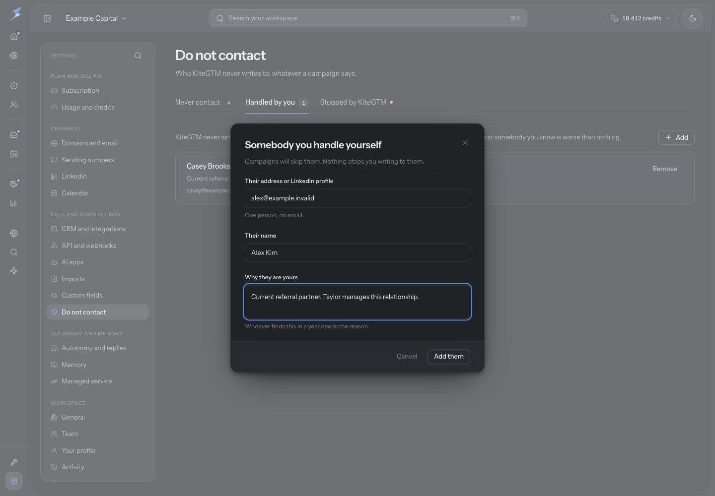 Somebody you handle yourself contains alex@example.invalid, Alex Kim and the relationship reason, with Cancel and Add them controls; nothing has been submitted.