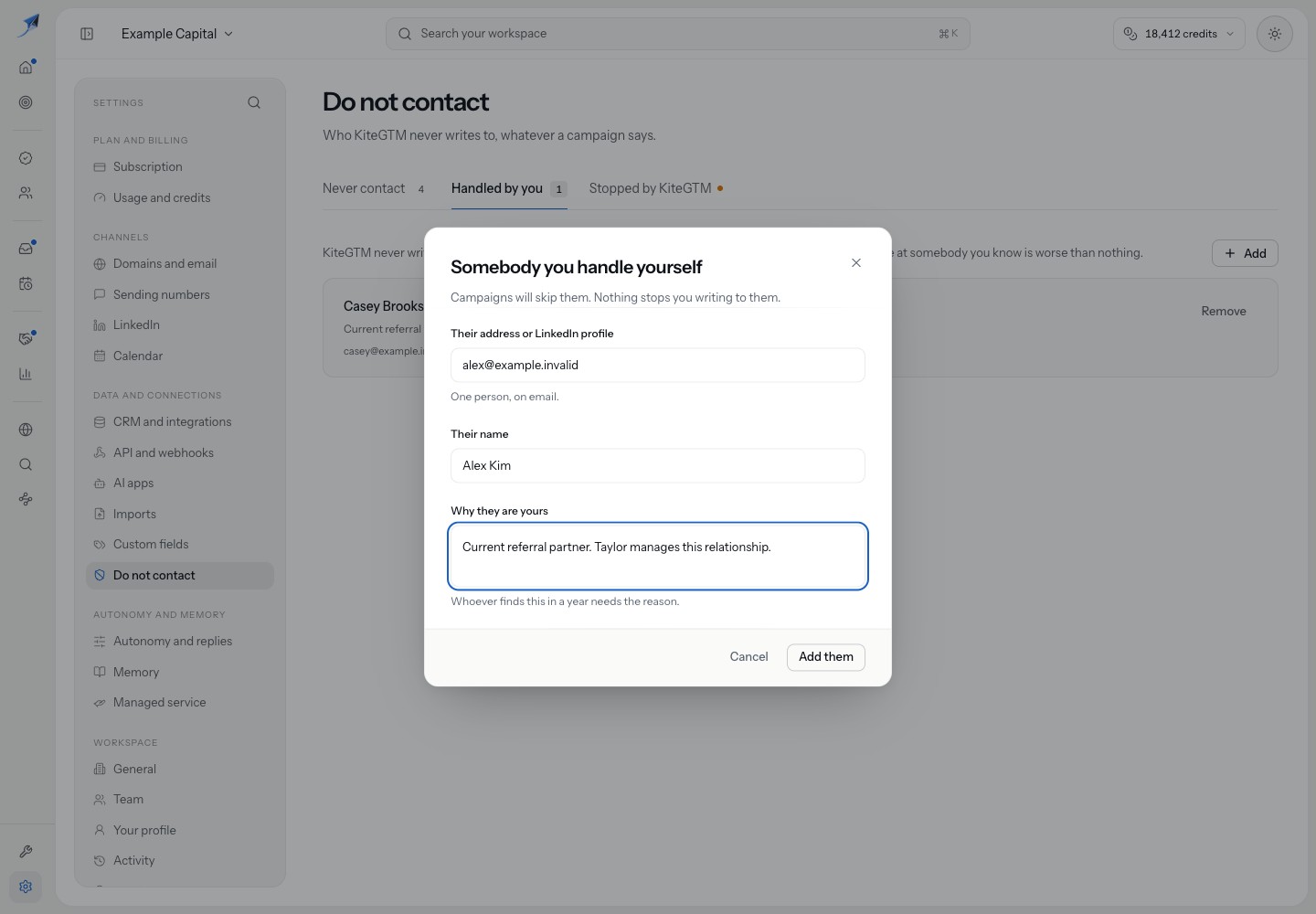 Somebody you handle yourself contains alex@example.invalid, Alex Kim and the relationship reason, with Cancel and Add them controls; nothing has been submitted.
