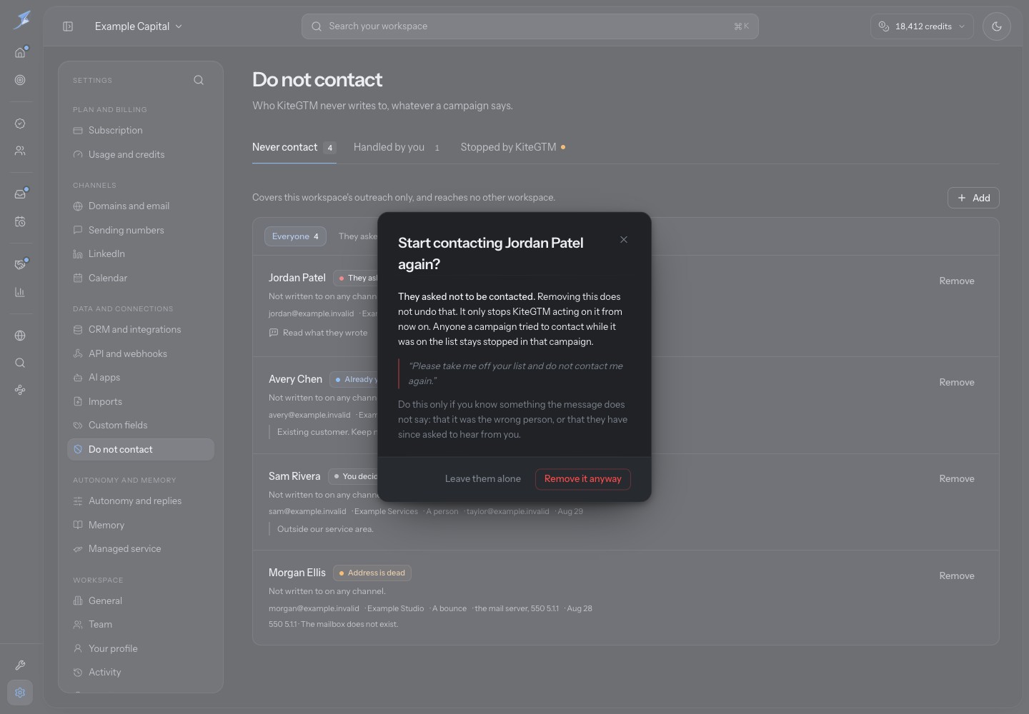 The removal dialog for Jordan Patel preserves the request not to be contacted, warns that removal does not restart stopped work and offers Leave them alone.